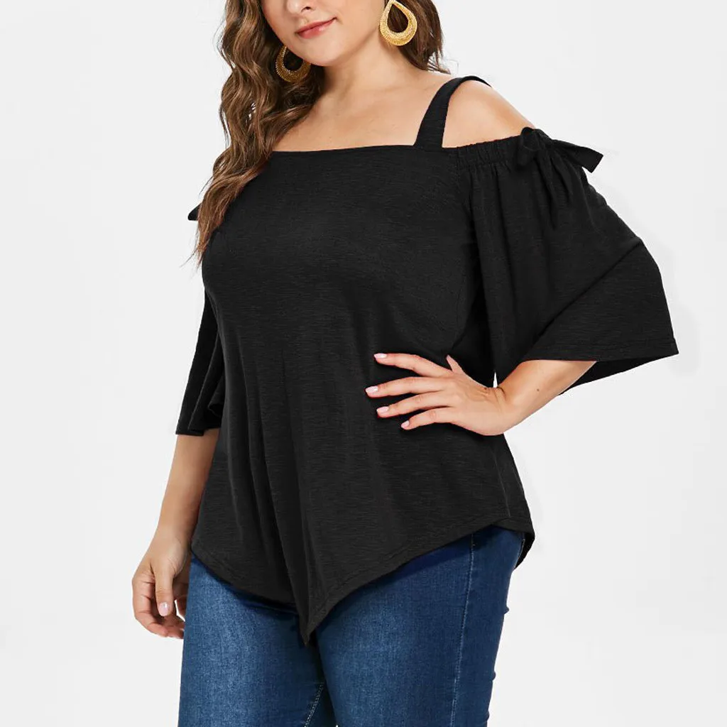 Fashion Women Casual Plus Size Asymmetric Cold Shoulder Top T-Shirt Bow Blouse New Fashion Simple Versatile Women\'S Clothing