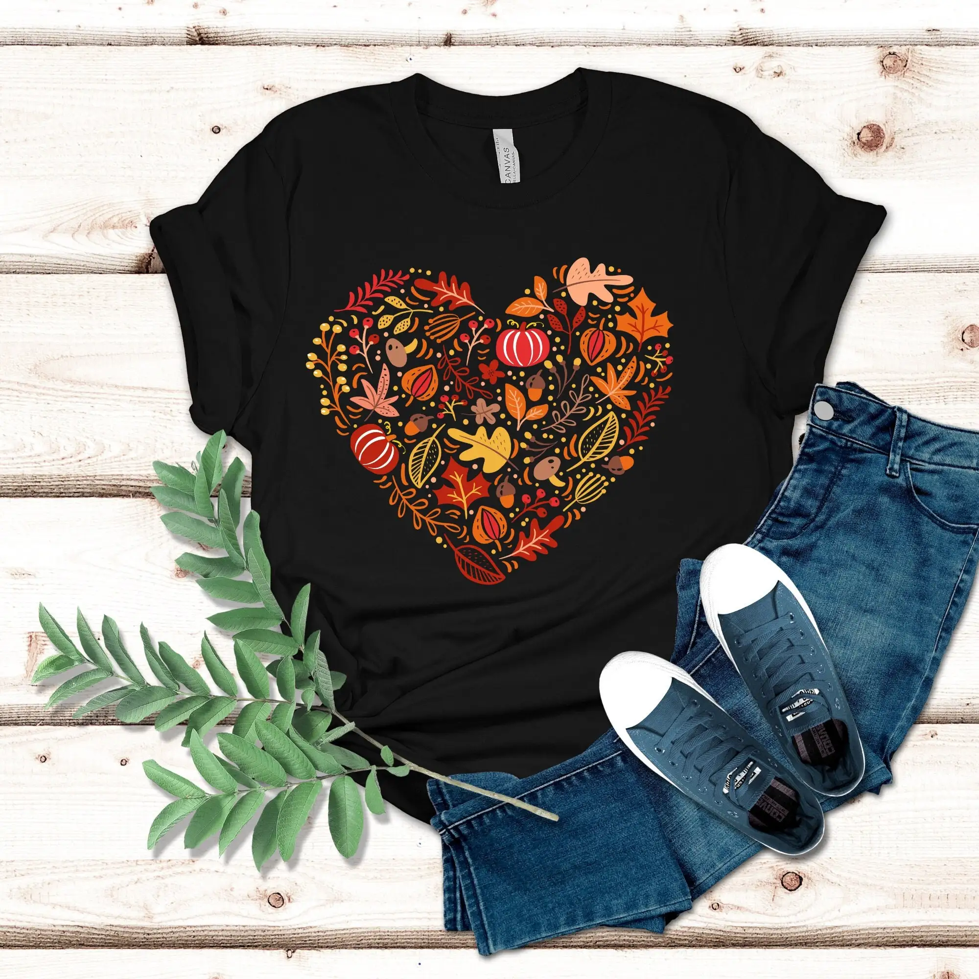 Fall HearT T Shirt Doodles Cottagecore Pumpkin Thanksgiving Crewneck Patch Leaves