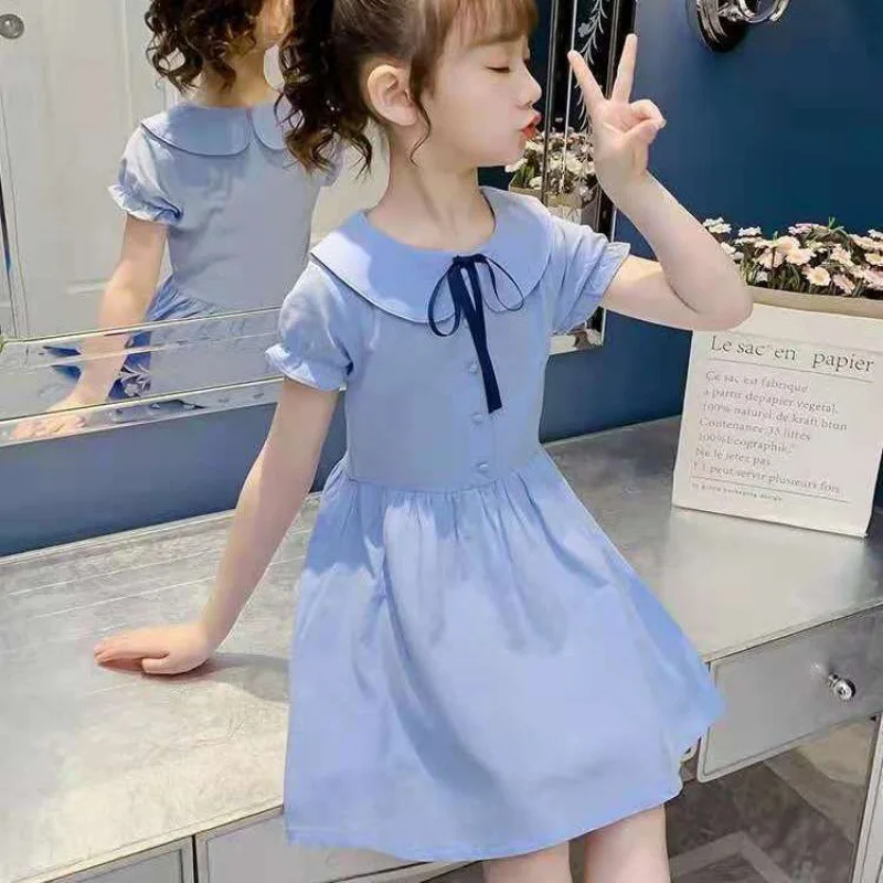 2026 New Teenager Summer Kids Girls Bow Fold Dresses Formal Princess Children Braces Maid Skirt Party 4 8 9 5 6 10 12 13 Years