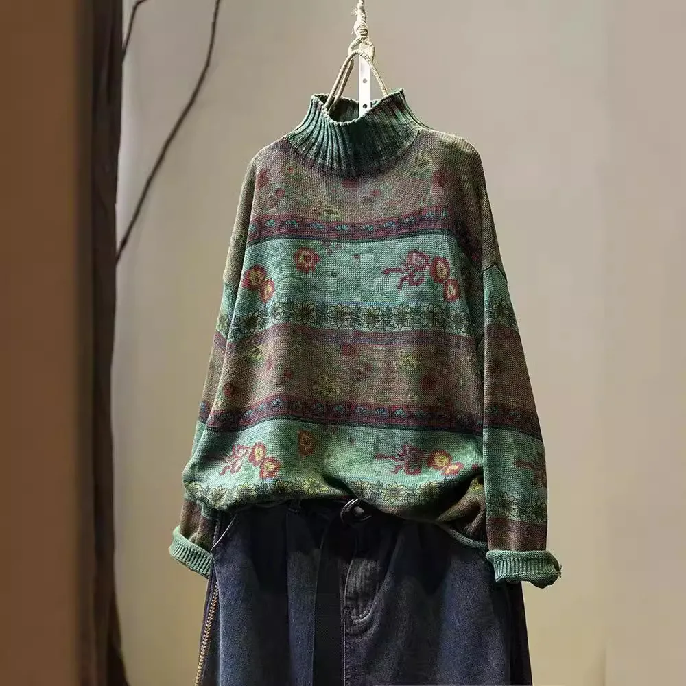 High Quality Women Vintage Cotton Flower Print Semi-crewneck Sweater Female Autumn New Loose Casual Warm Pullover Knitwear Cloth