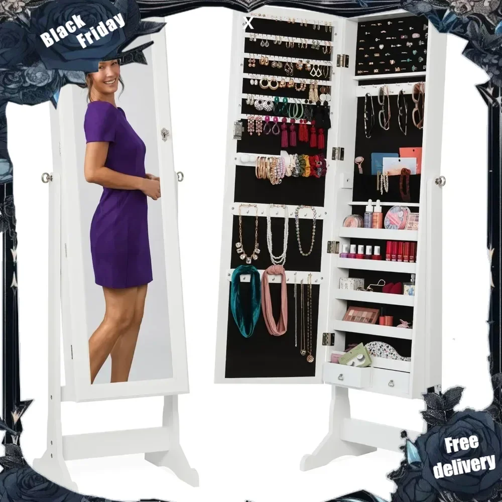 

Freestanding Jewelry Armoire Cabinet, Full Length Standing Mirror, Lockable Makeup Storage Organizer, w/Velvet Lining