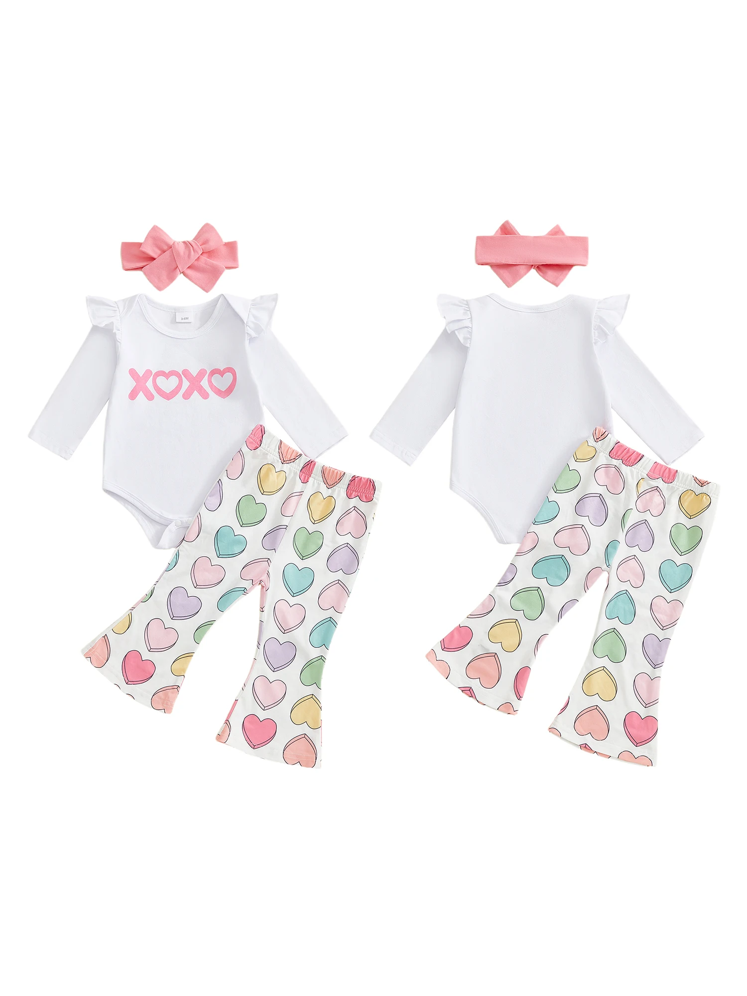 

Комплект одежды из трех предметов для маленьких девочек на День святого Валентина, комбинезон-клеш с принтом сердца и повязкой на голову с бантом — очаровательный и стильный