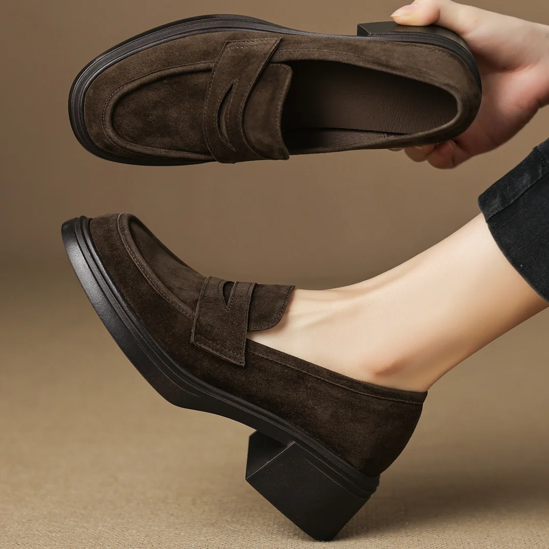 

Women's natural suede leather round toe slip-on loafers 5.5cm chunky heel platform casual female high quality soft moccasins hot