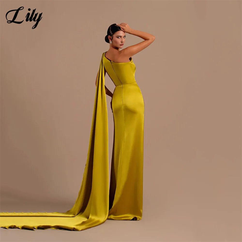 Lily Side Split Evening Dresses Sexy Gold Prom Dresses One Shoulder Party Dresses with Shawl Stain Pleat Mermaid فساتين سهرة