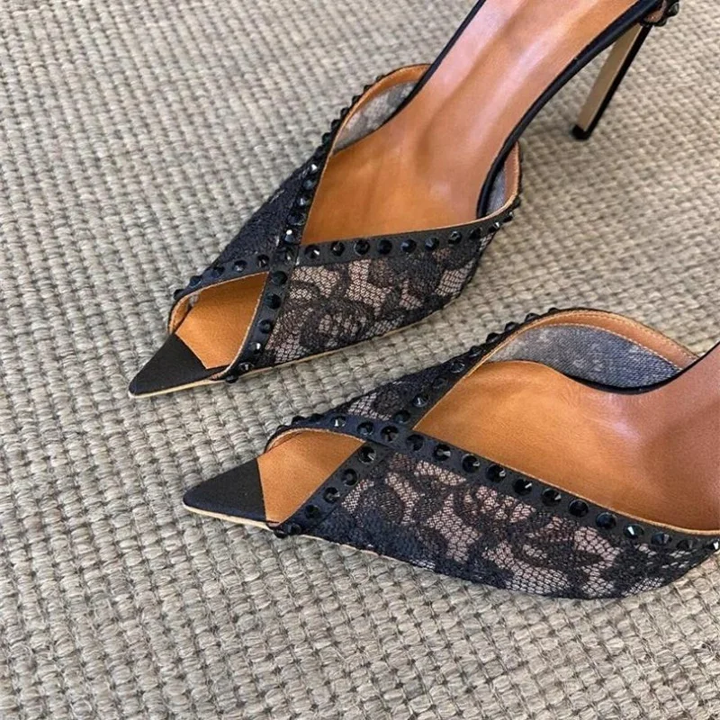 

Stylish Pointy Toe Studded Rivets Women Sandals Black Lace Ankle Strap Thin Heels Lady Formal Evening Shoes