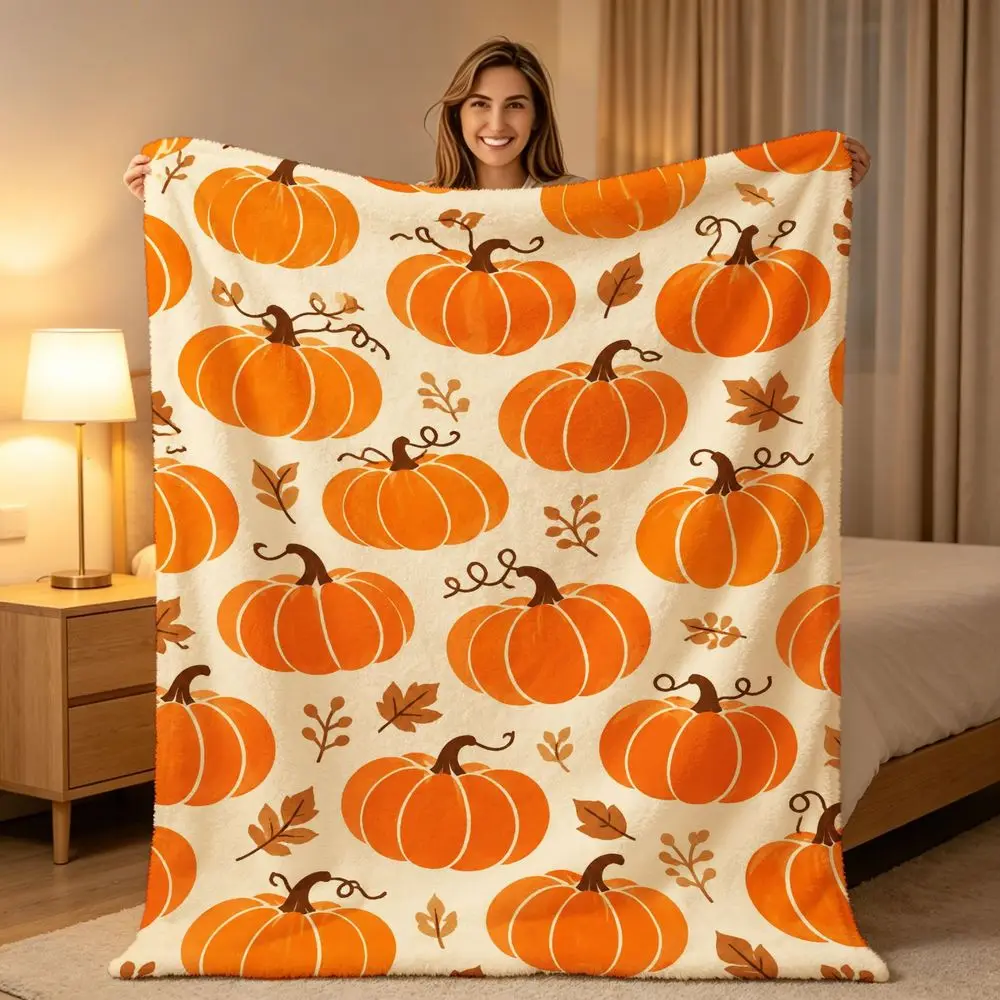 Large Cream Suitable for Cozy Flannel Throw Blanket - Soft Warm Bedspread with Cream Background & Contemporary Pumpkin Pattern, Large Bed Sofa Blanket for Fall Decor, Bedspread for Living Room, Travel, Camping, Bedding