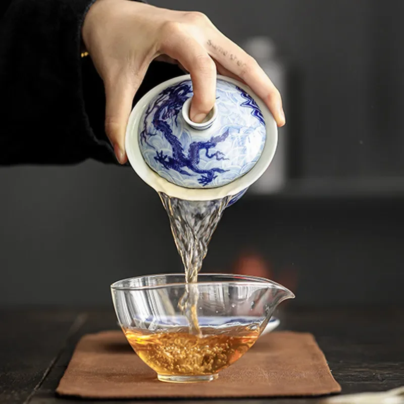 Miyayan Style Ceramic Gaiwan Teacup Handmade Chinese Dragon Pattern Tea Tureen Bowl Retro Porcelain Teaware Accessories 150ml