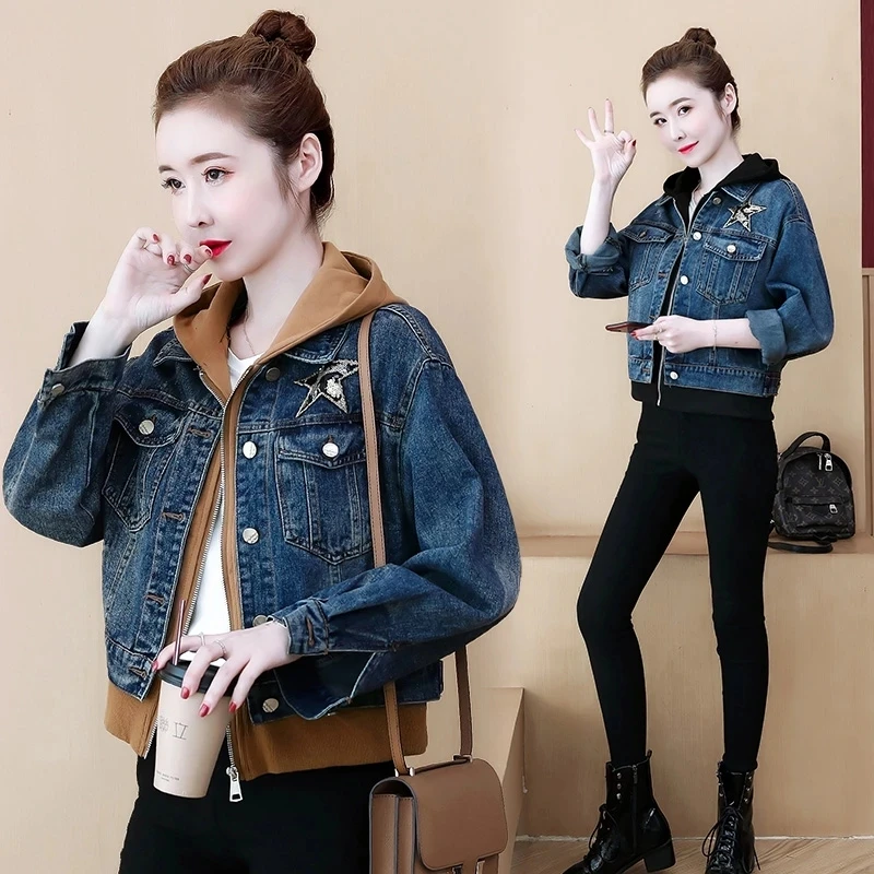 

Autumn 2025 New Fake Two-piece Jacket European Denim Jacket Womens Top Long Sleeved Denim Patchwork Hooded Baseball Clothes