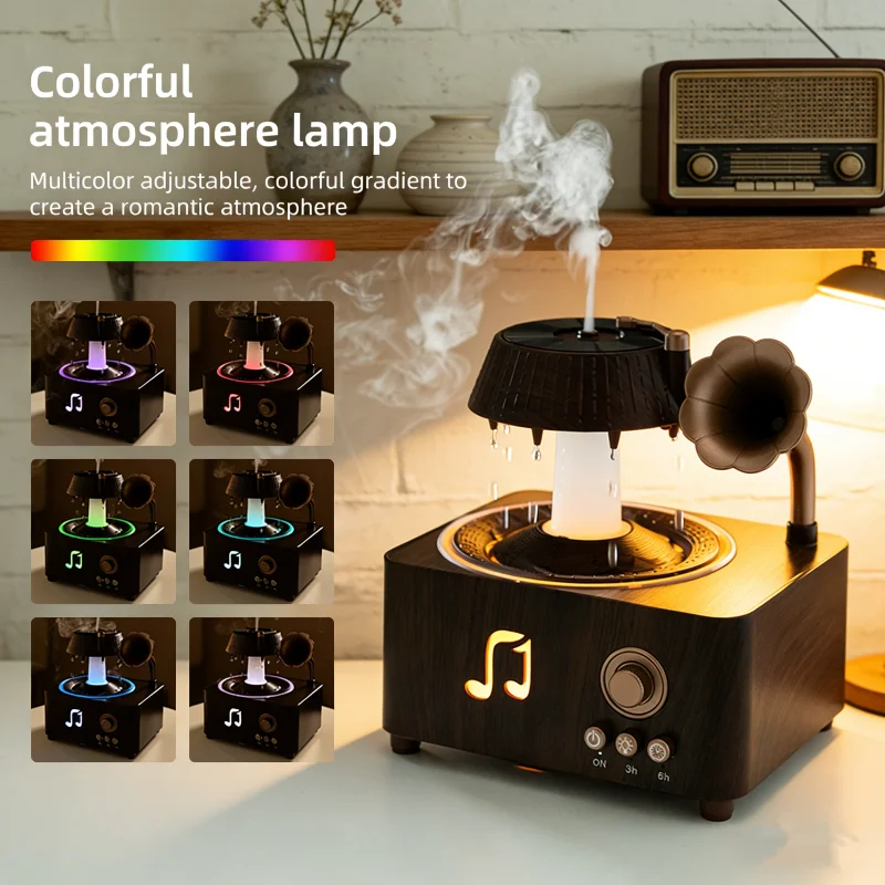 Aromatherapy Spray Humidifier with Remote Control 7-Color Ambient Lighting Vintage Gramophone-Style Rain Drop Design for Bedroom