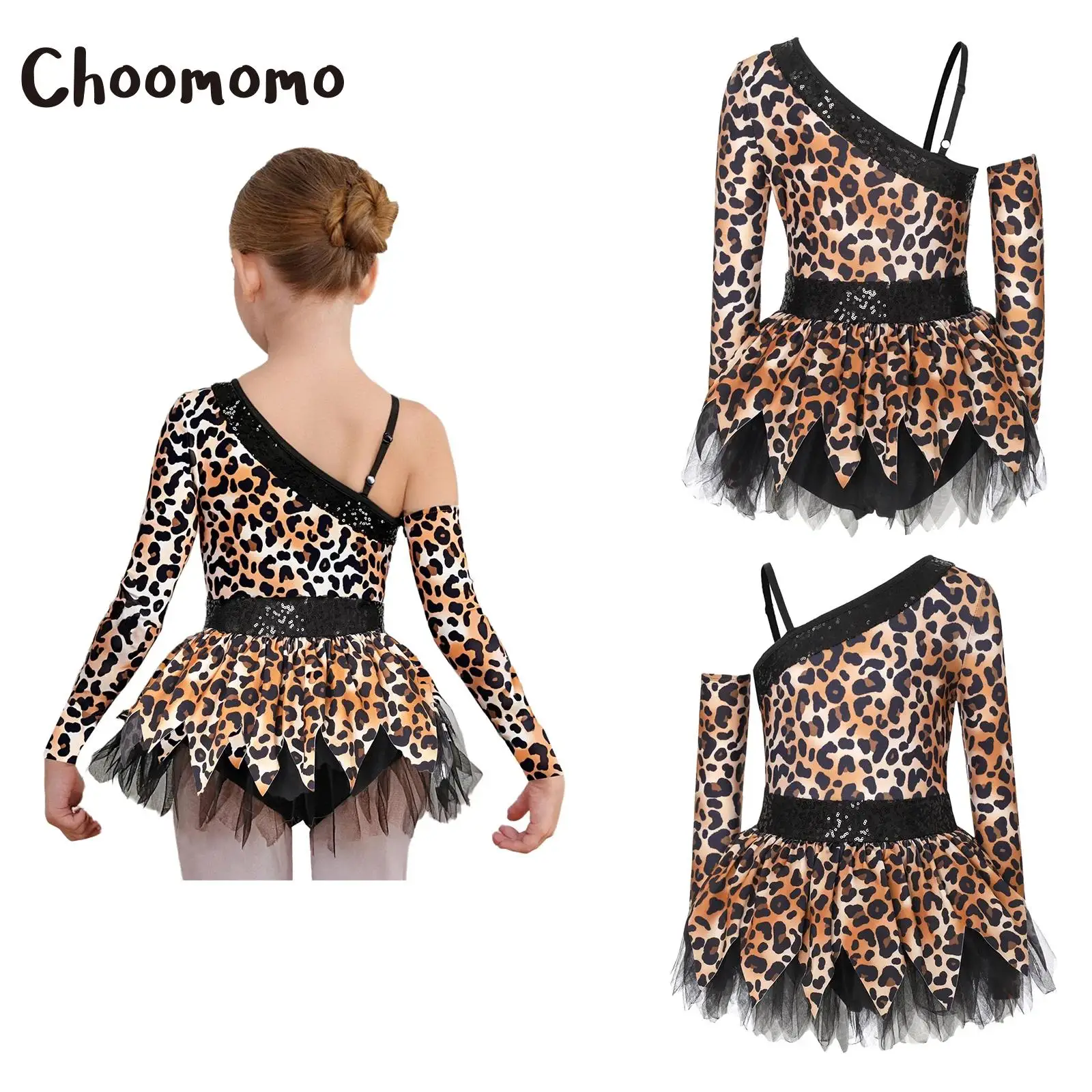 

Girls Sleeveless Caveman Tribe Native America Princess Costume Halloween Cosplay Dress Leopard Print Rhinestone Mesh Leotard
