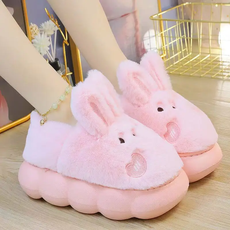 Fashion Girls Kawaii Bunny Slippers with Ears High Platform Small Girl Increaing Height shoes Indoor Short Plush Warm Slippers