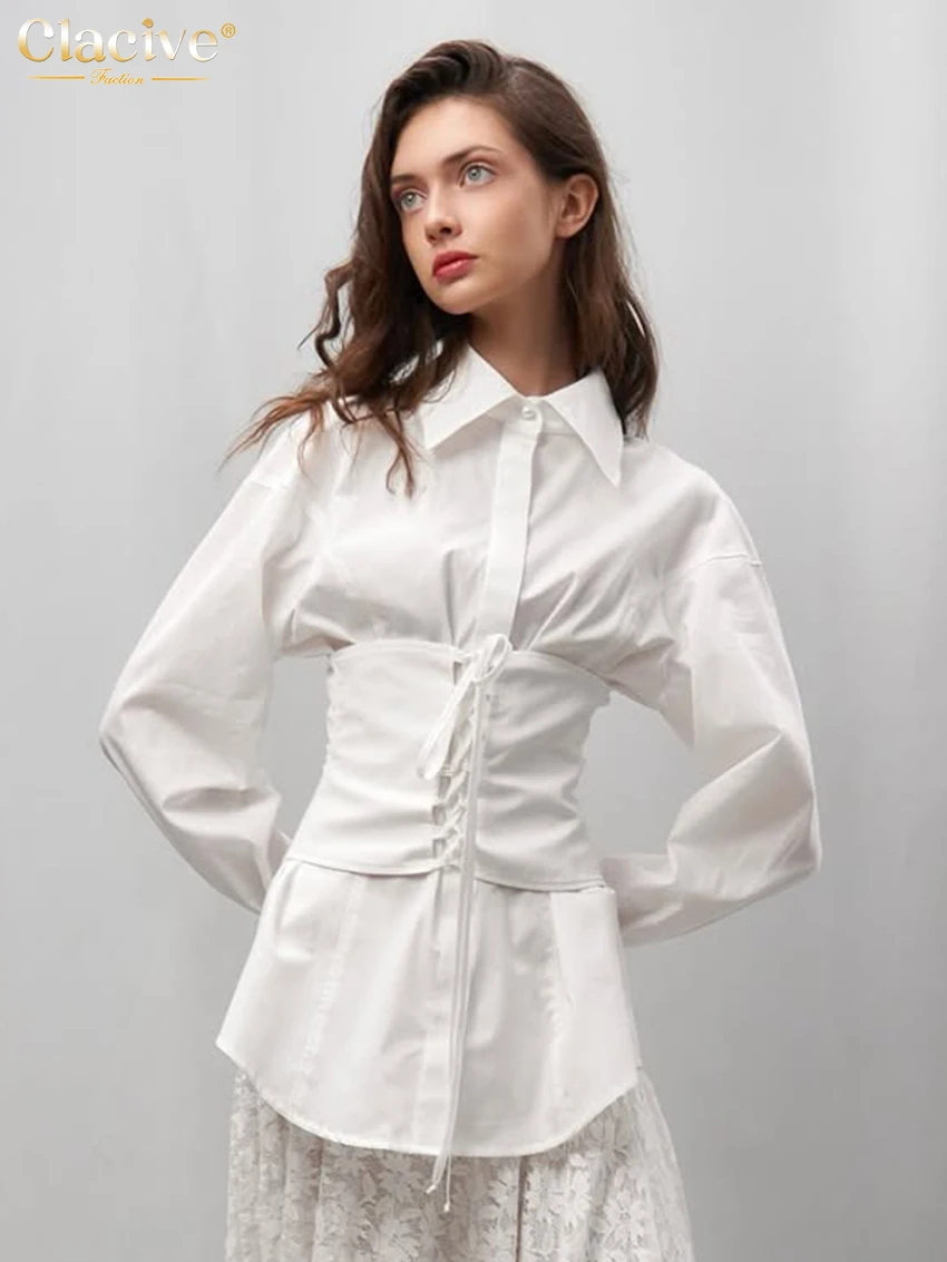 

Clacive Fashion Slim White Cotton Women's Shirt 2026 Autumn Lapel Long Sleeve Blouse Elegant Bandage Corset Top Female Clothing