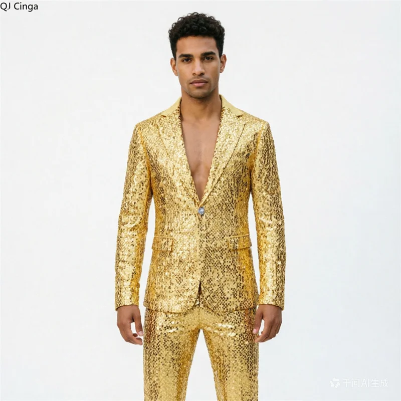 Men's Gold Sequined Two-Piece Suit Wedding Party Formal Jacket with Matching Trousers European Sizes XXXS-XXL