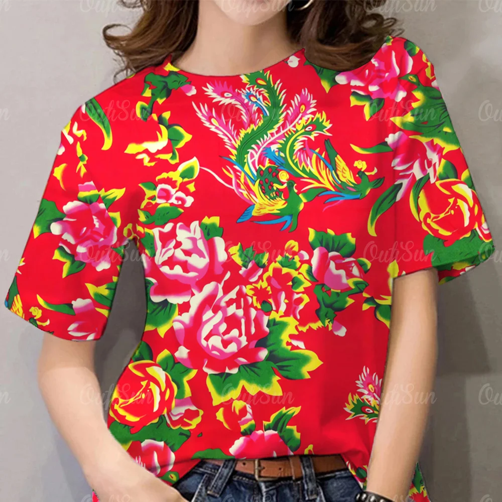 

Summer Women T-Shirt Rad Floral Print O-Neck Casual Ladies China Style Print Tops Harajuku Short Sleeve 2024 New Female Clothing