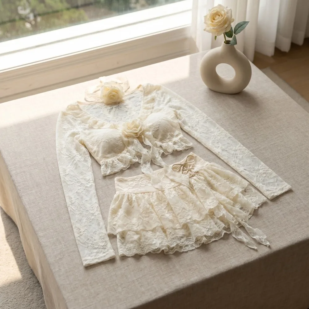 Ruffle Lace Long Sleeve Swimsuit Skirt Style Bikini Suit Beachwear Clothing Ladies Ruffle Bathing Suit Flower Sun Protection