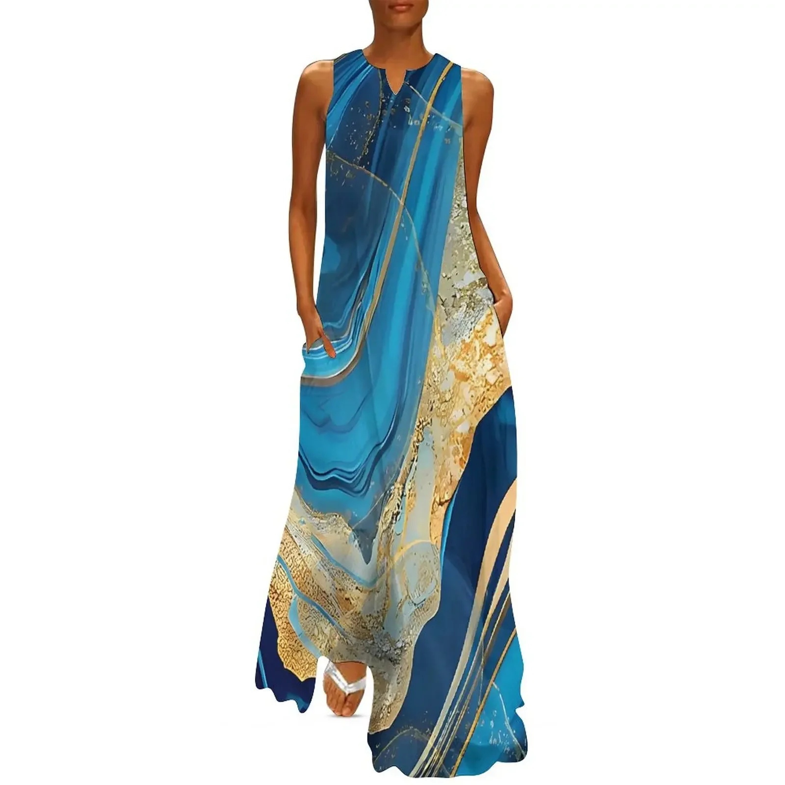 Blue And Gold Marble Print Long Dress For Women Summer Fashion Sexy Sleeveless Bohemia Beach Dress Femme Elegant Maxi Dress Robe