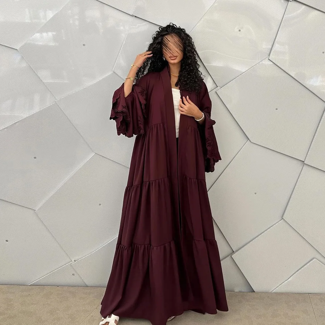 Abito Hijab musulmano Donna Manica svasata Abito lungo ricamato Dubai Abaya Kimono Cardigan Eid Ramadan Jalabiya Caftano Kebaya Abito