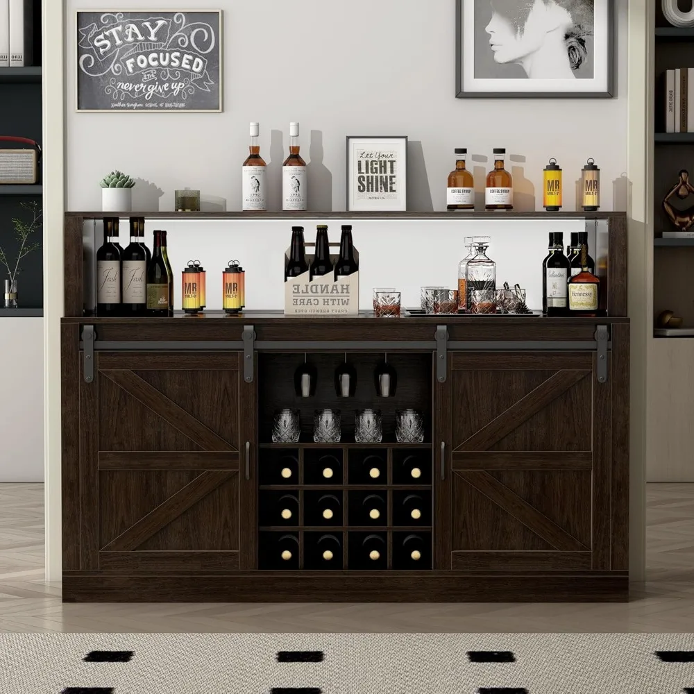 Armário de vinho de 60 ", armário de bar de vinho com porta deslizante de celeiro e 12 racks de vinho, armário de bar de café de fazenda com prateleira ajustável