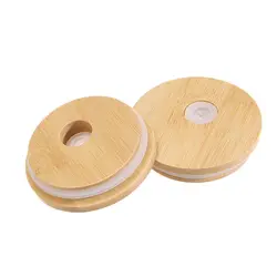 Reusable Bamboo Wood Wide Mouth Cup Eco Covers Cap Lids With Straw Hole Smoothies Canning Storage Bottles Mason Jar Lid