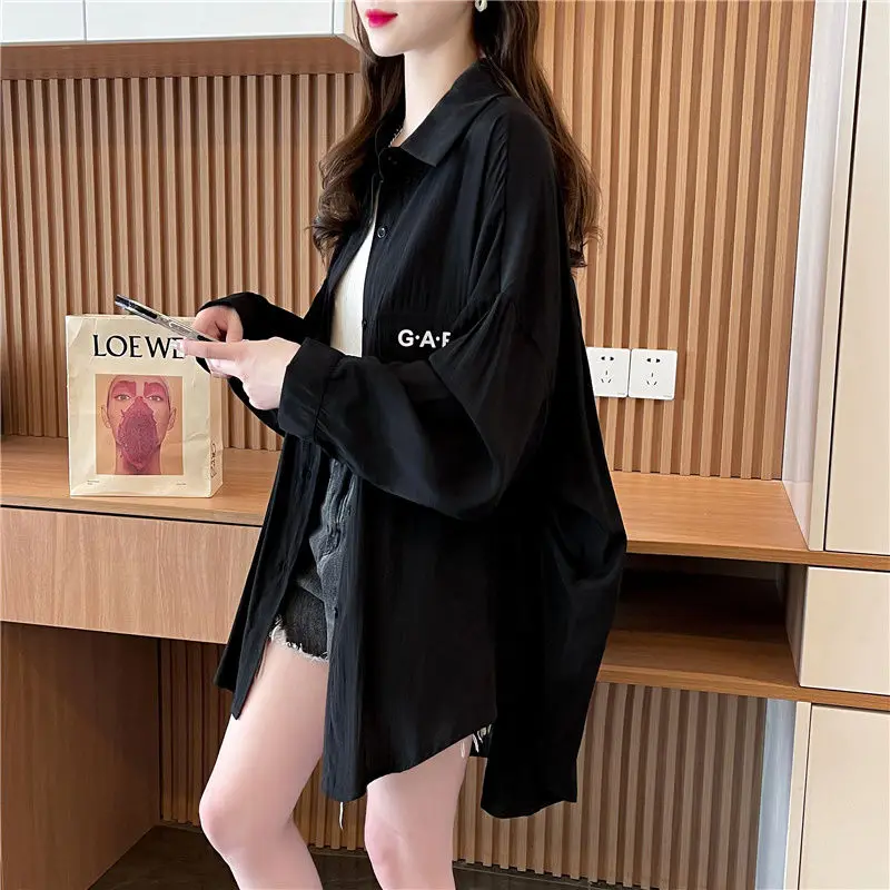 Spring Summer Turn-down Collar Fashion Long Sleeve Shirt Women High Street Casual Loose Button Cardigan Elegant All-match Tops