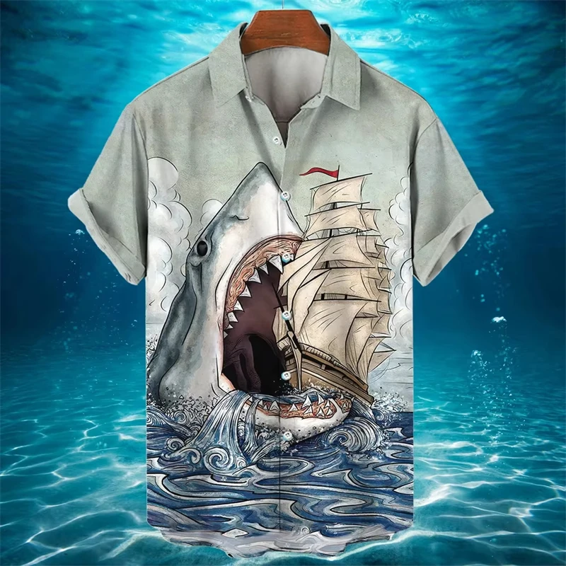 Fierce Shark 3d Printed Shirt Men Clothes Fun Sea Animal Pattern Shirts Tops Street Casual Fashion Lapel Single Breasted Blouse