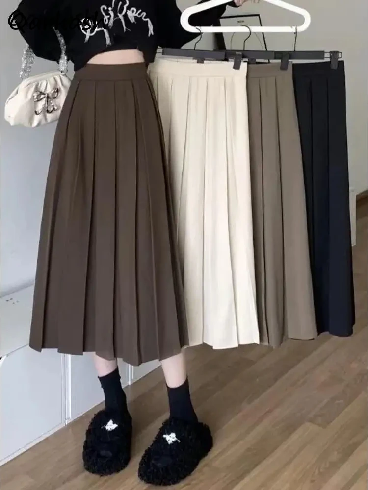 

Midi Pleated Skirts Women Autumn Winter Simple Korean Preppy Style Ladies Fashion High Waist Student Tender All-match Solid Chic