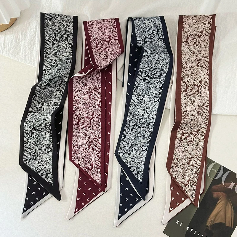 

Корейский шелковый платок-бандана 90*6 см с узором пейсли, красный, для женщин, длинный, декоративный, для волос, для сумки, атласная лента, шейный платок