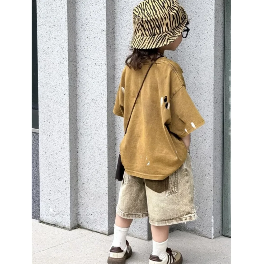 Boys' Summer Set With Broken Holes Vintage Letter T-shirt Denim Shorts Fashionable Street 2024 New Handsome Children's Suits