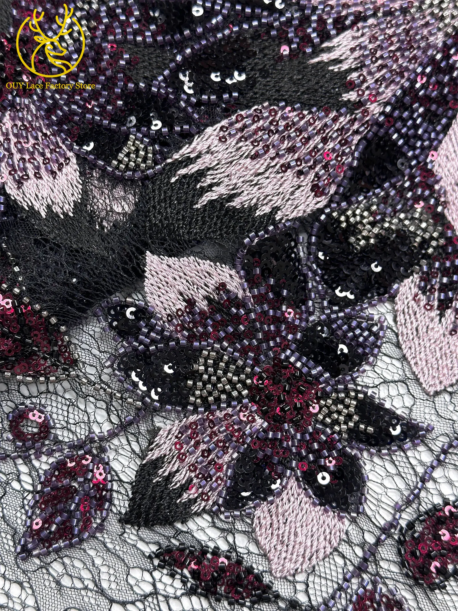 3D-Stickerei-Blattapplikation mit Pailletten, Röhrenperlen und Spitze, hochwertiger französischer Tüllspitzenstoff für Hochzeitskleider, Brautkleider und Partykleider zum Nähen. – Detail 21