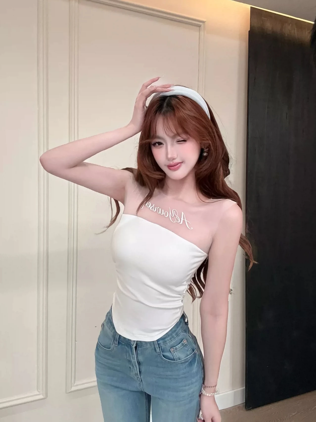 Spicy Girl Style Letter Print Mesh Paneling Tank Top Women's Design Sense with Chest Pad Slimming Waist Versatile Top