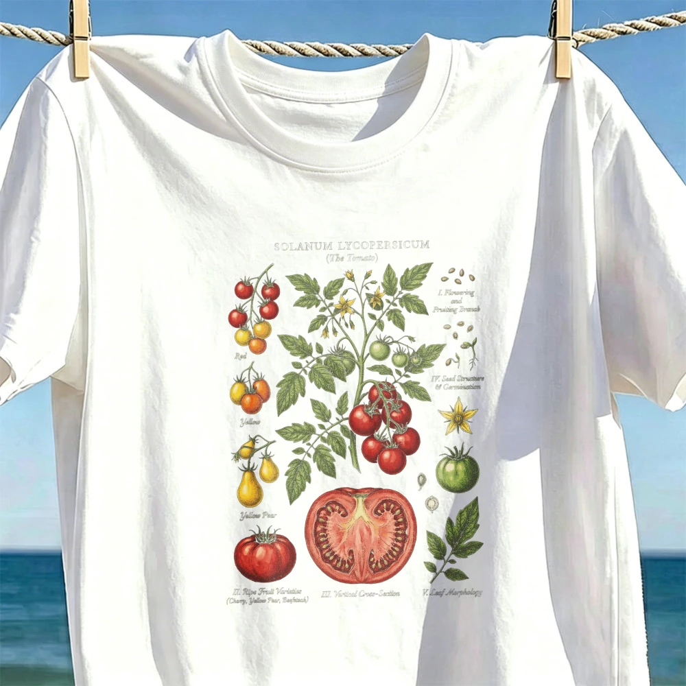 Camiseta de algodón con gráfico de tomate (Solanum Lycopersicum), estilo vintage, para jardinería, diseño botánico, manga corta, camisetas con motivos de la naturaleza