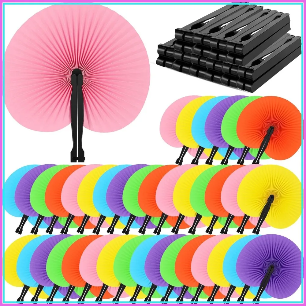 

150 Pcs Paper Hand Fans Round Colorful Folding Fans with Plastic Handle for Party Wedding Favors