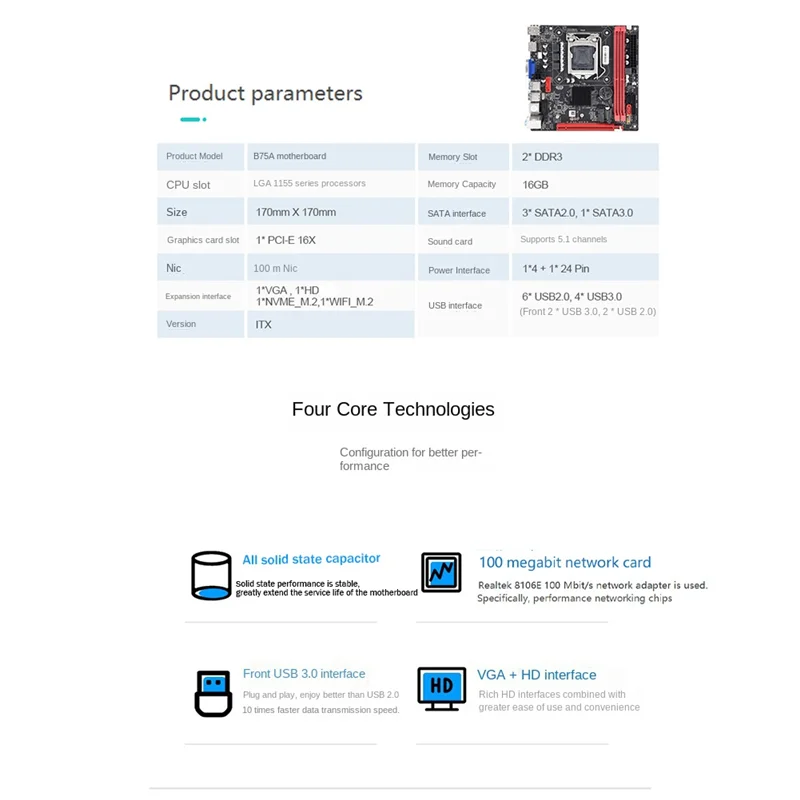 B75A (B75) Motherboard+SATA Cable+Baffle LGA1155 2XDDR3 RAM Slot NVME M.2+WIFI M.2 Interface USB3.0 SATA3.0