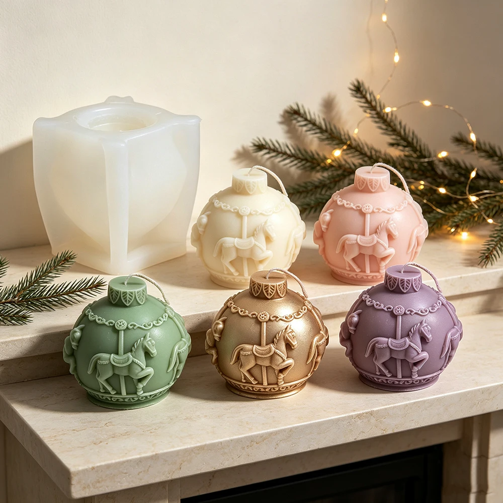 3D Carousel Horse Sphere Candle Silicone Mold Vintage Rotating Horse Ball Aromatherapy Candle Mould for Home Decor Holiday Gift