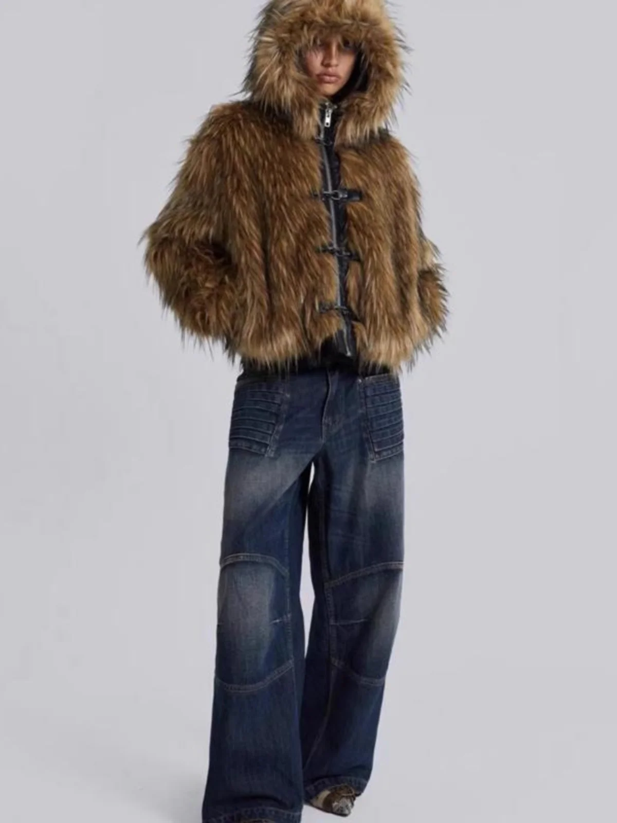 ort American Street Sle Jaet مع جلد أزرق الربط مع معطف طويل من فرو البلو معطف دافئ بقلنسوة من الفرو الصناعي Jaet ملابس خارجية #2