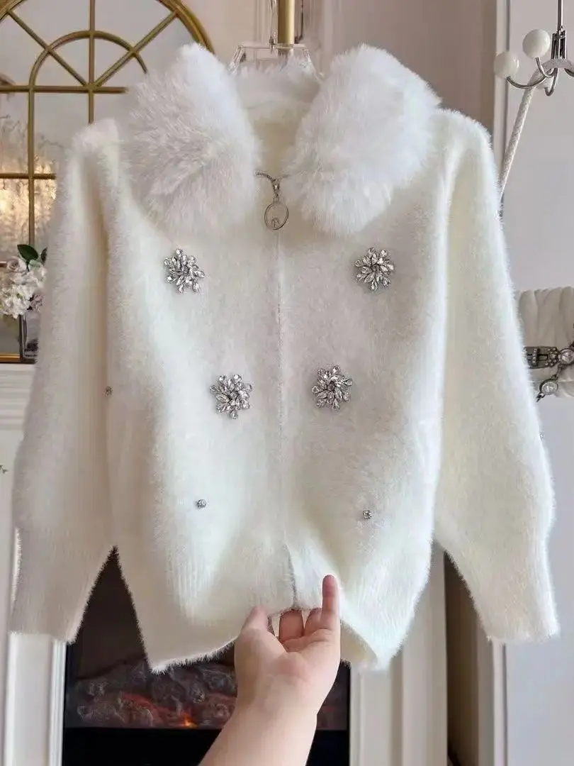 

Luxury Diamonds Stitch Sweaters Autumn Winter Knitwear Coat Faux Fox Fur Collar Knitted Cardigan Jacket Women's Trend Sweater