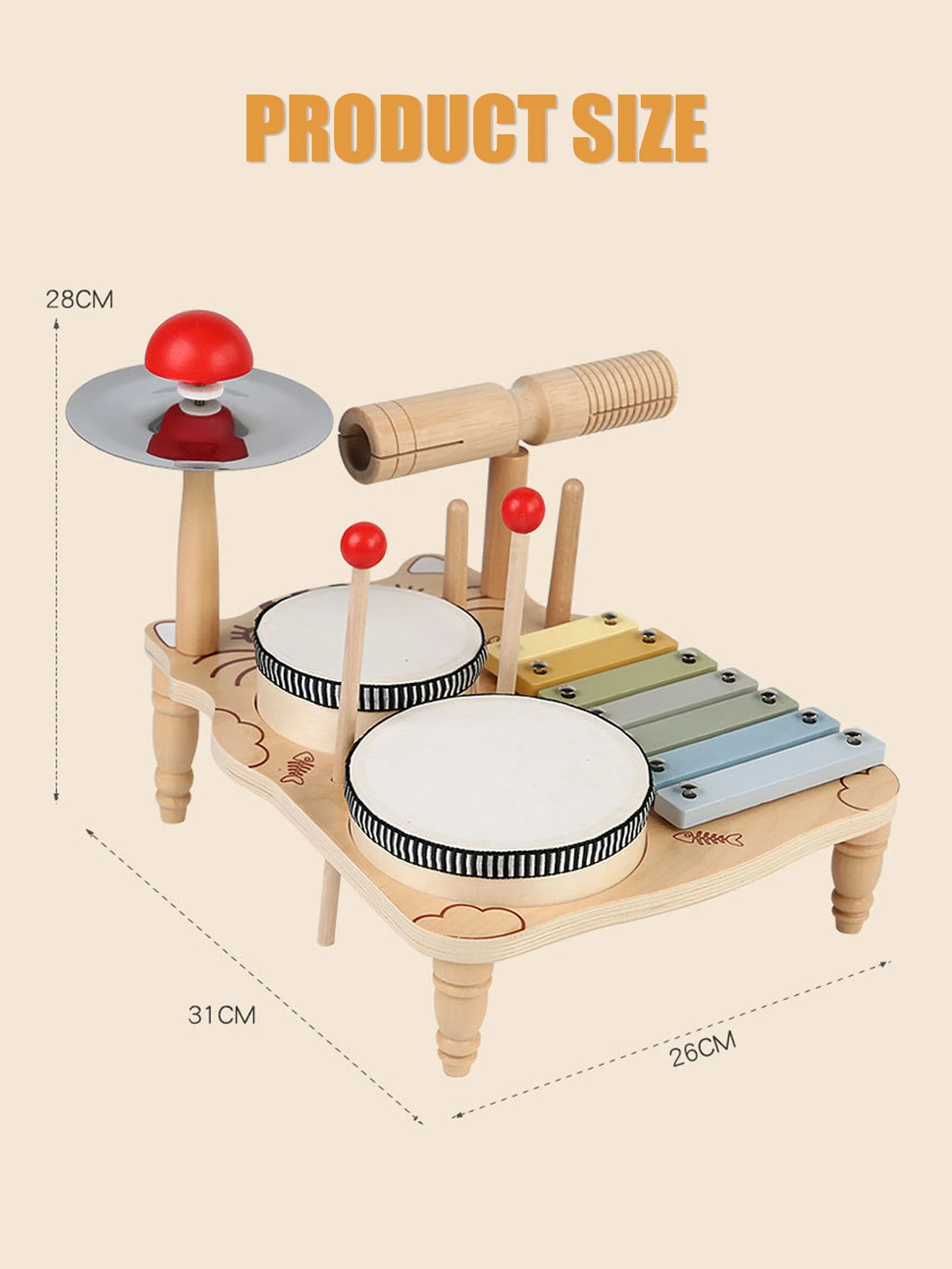 Bambini musica in legno strumento a percussione arpa a percussione tamburo a percussione Gong Baby Hand Beat Drum giocattoli educativi