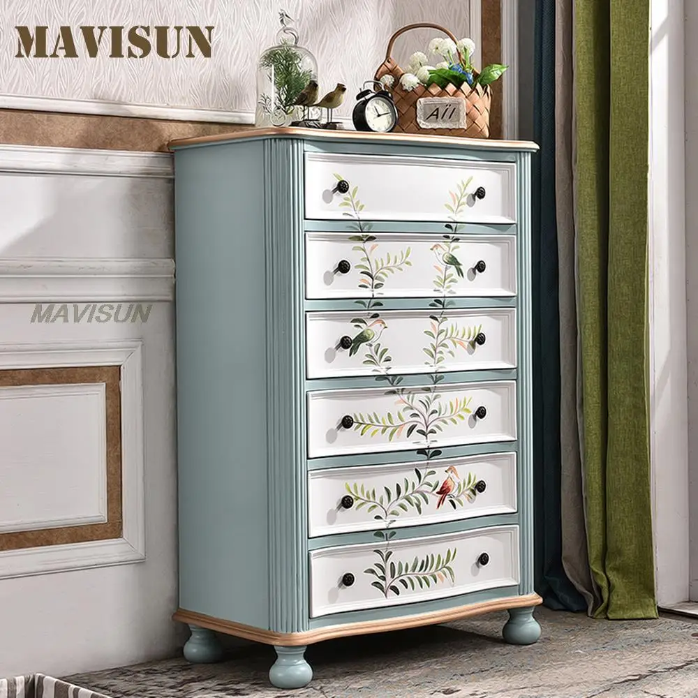 

Painted American Retro 6 Drawers Solid Wood Living Room Bedroom Storage Display Cabinet Small Apartment Pastoral Style Furniture