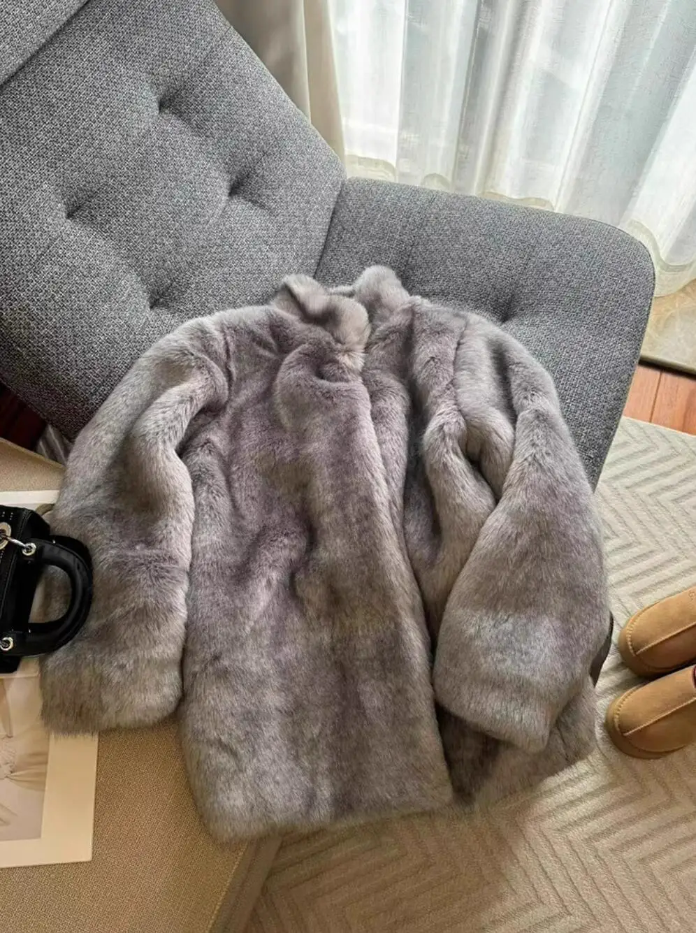 Inverno Chic Grigio Tie dye Colore più scuro Colletto alla coreana Peloso Shaggy Cappotto in pelliccia sintetica Retro Manica intera Furry Donna Capispalla medio lungo