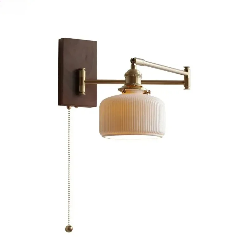 Pull Chain Switch LED Wall Lamp Beside Bedroom Living Room Light Arm Left Right Totate Wood Canopy Applique Murale Sconce