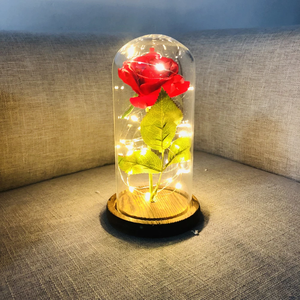 

3D Red Artificial Rose Led String Light Glass Lampshade Decorative Night Light For Home Wedding Party Brown Base (Batteries Not