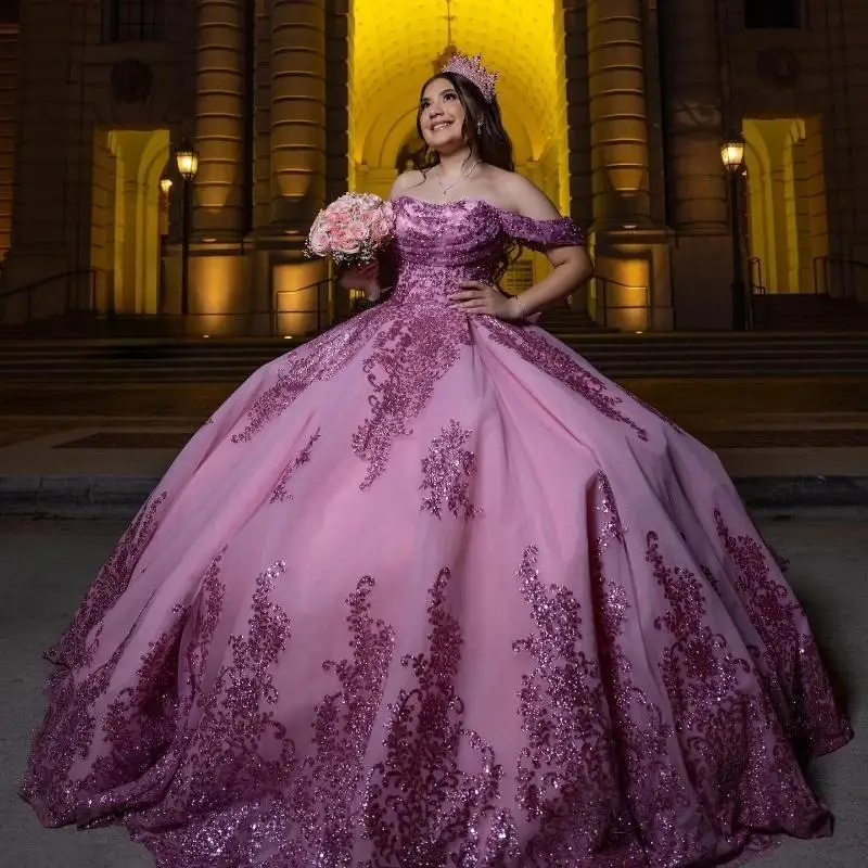 

Pink Off The Shoulder Sequined Appliques Lace Ball Gown Quinceanera Dresses Pearls Beading Bow Corset Vestidos De 15 Años