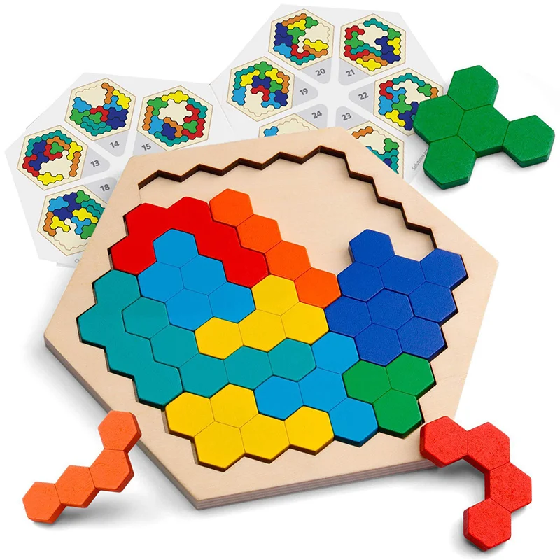 3D Hexagonal Wooden Puzzles Educational Toys For Children Kids Preschool Tangram Board Brain IQ Test Game Montessori Toys Gifts view 2