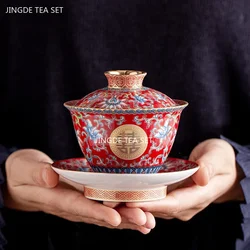 Chinese Wedding Tea Set Enamel Color Ceramic Gaiwan Handmade Beauty Teacup Custom Teaware Gift Exquisite Portable Tea Bowl