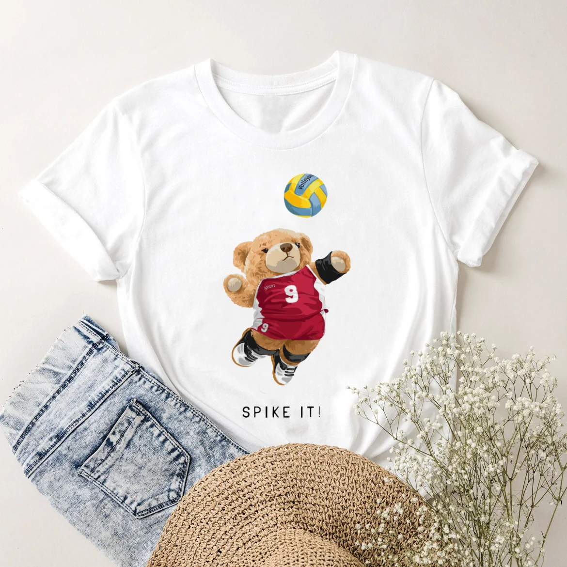 Ladies Cute Volleyball Bear Printed T-Shirt Trendy Sweet Clothing Women's Top Short Sleeve Printed Basic Casual Cartoon T-Shirt