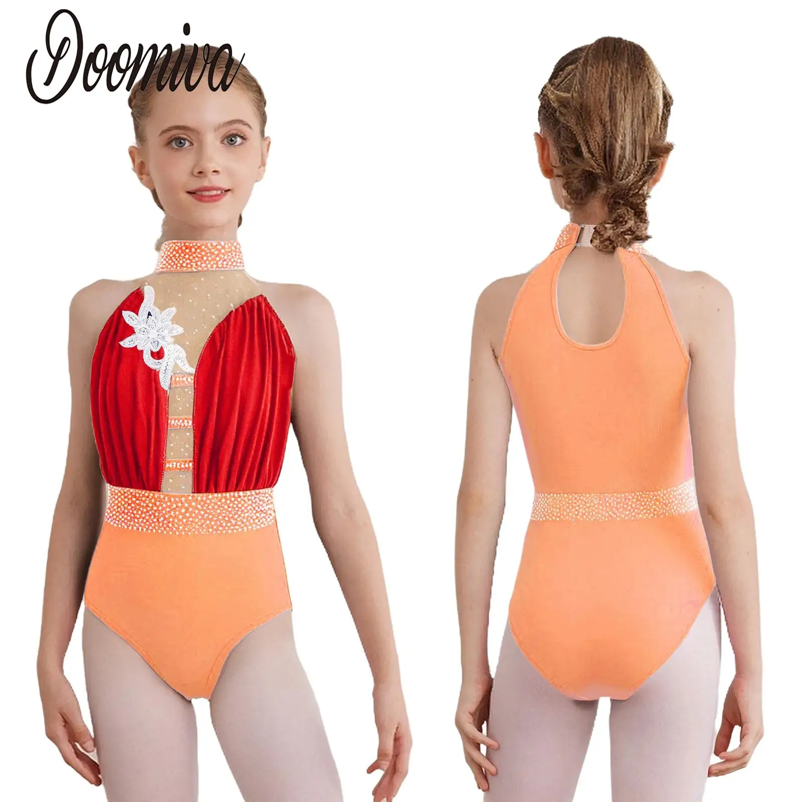 

Girls Figure Skating Gymnastics Leotard Dance Sleeveless Sheer Mesh Patchwork Applique Rhinestones Bodysuit Kid Ballet Dancewear