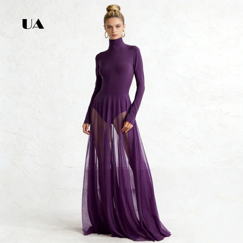 

ULBYANRY Sheer Mesh A-line Prom Dress with Long Sleeve Solid Turtleneck Evening Dress for Woman Sleeveless Customized Party Gown