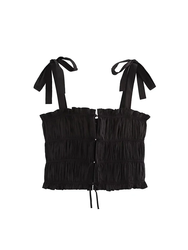 

Willshela Womne Fashion With Bow Black Lace Up Side Zipper Pleated Camis Vintage Straps Square Collar Female Chic Lady Tops