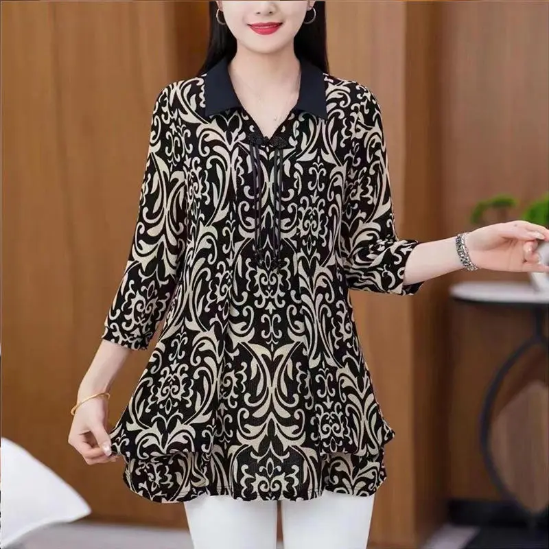 Folk Printed 3/4 Sleeve Blouse Fashion Chinese Disc Buckle Summer Turn-down Collar Female Clothing Loose Vintage Spliced Shirt