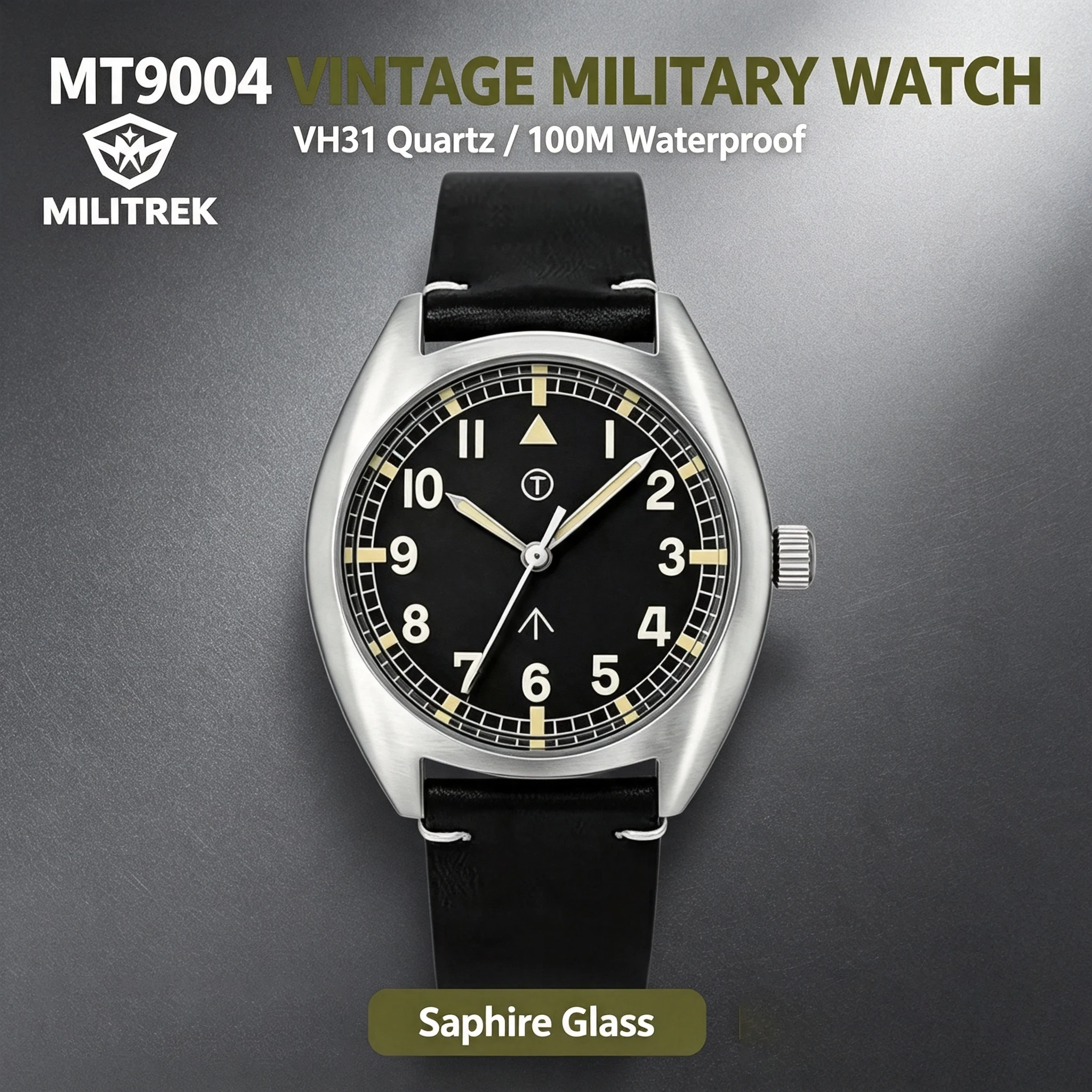 MILITREK Mens Military Field Watch VH31 Quartz 38mm 316L Stainless Steel Sapphire Anti‑Reflection 10ATM Waterproof C3 Luminous